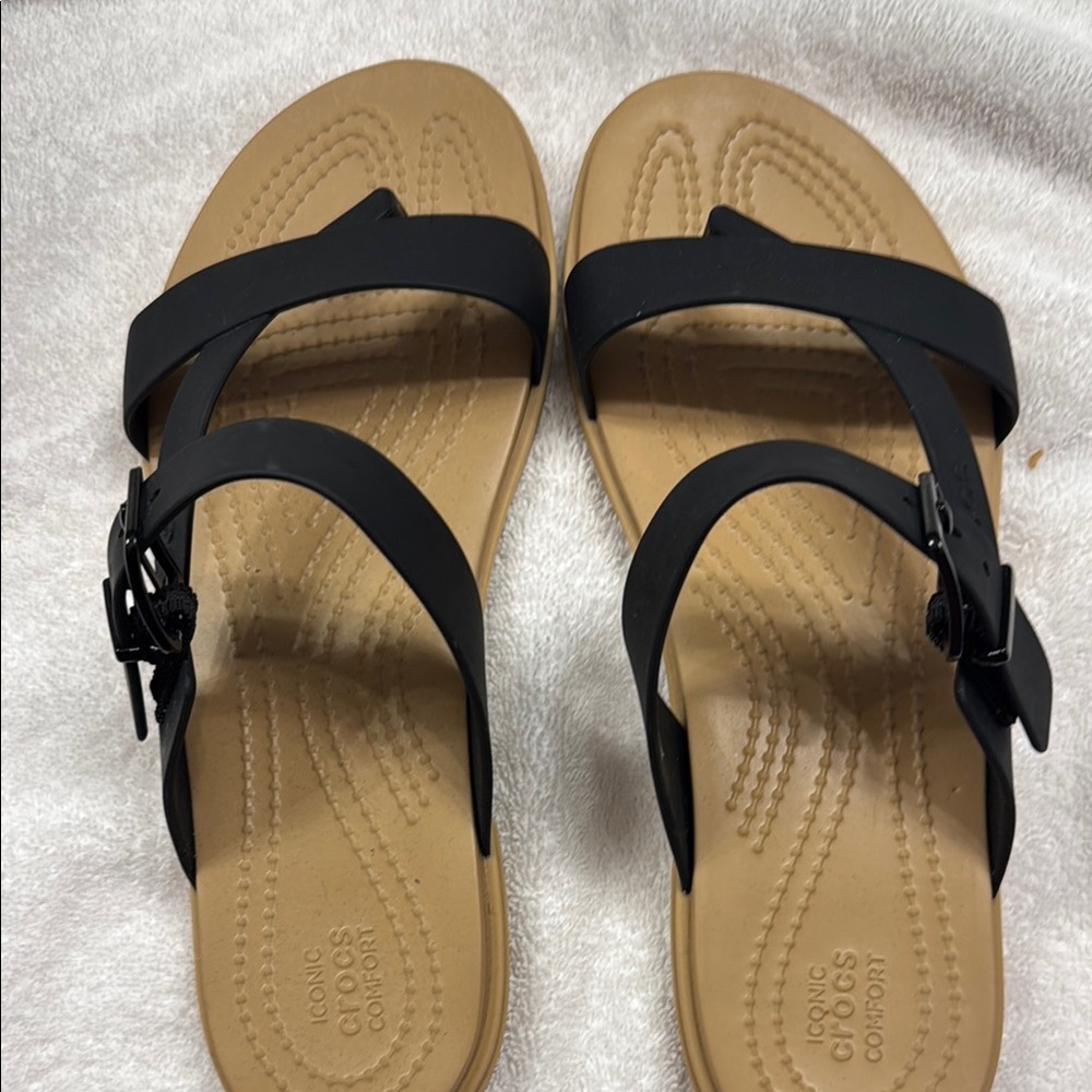 CROCS Black and Tan Sandals with Adjustable Straps Size 8 W